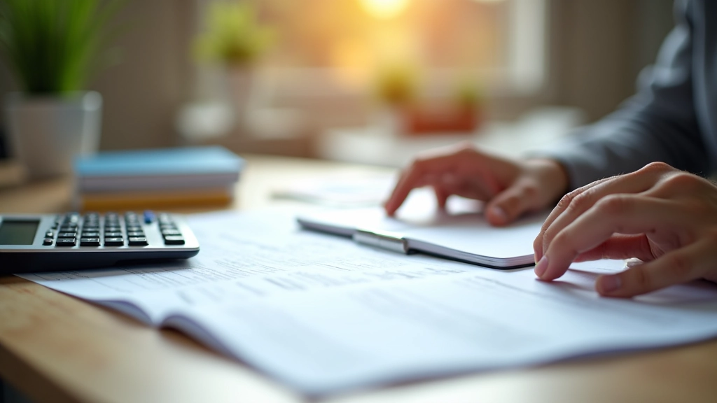 Bureau professionnel avec documents financiers et calculatrice, organisation comptable pour auto-entrepreneur