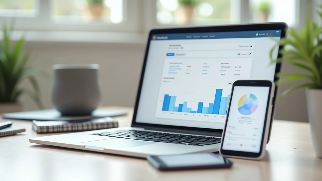 Ordinateur portable et téléphone sur un bureau avec des outils de suivi