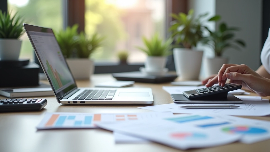 Espace de travail financier organisé avec ordinateur portable et documents professionnels