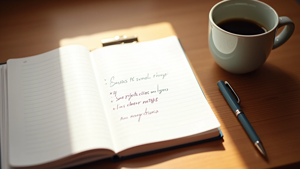 Carnet ouvert avec notes manuscrites sur un bureau avec tasse de café