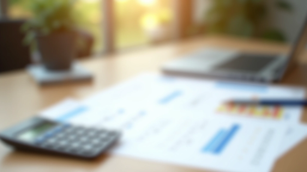 Bureau organisé avec documents financiers, calculatrice et ordinateur portable sur une table en bois