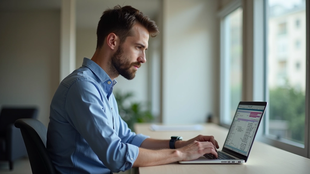 Personne utilisant un tableur pour suivre ses dépenses professionnelles, vue d'écran laptop avec données financières
