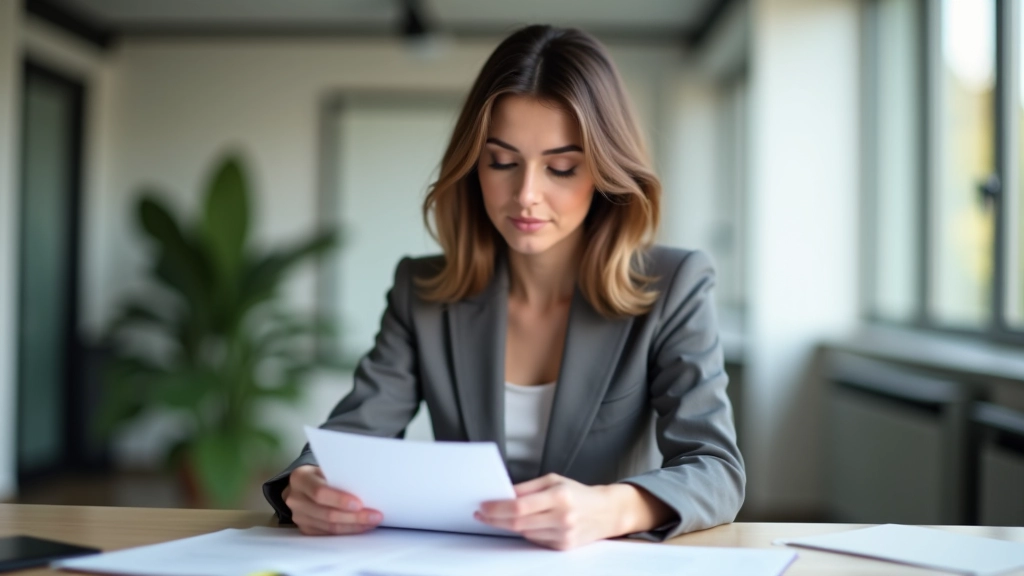 Femme analysant des documents financiers à son bureau, concentration sur la tâche